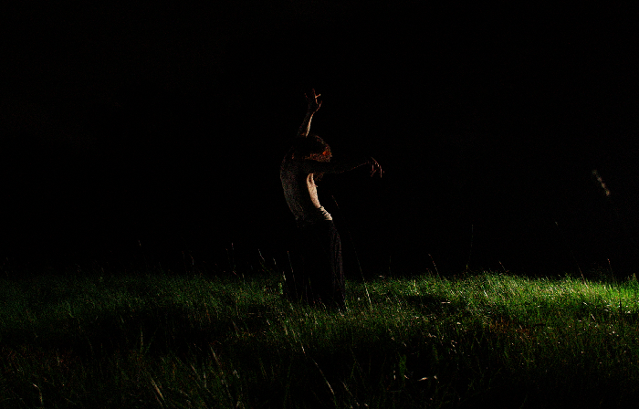 Silhouetted Figure standing in field at night